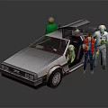 Back to the Future Movie Characters With DeLorean Time Machine And Einstein Dog Standing Beside