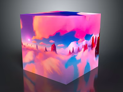 Colorful Cartoon Scene Cube With Pink Blue Clouds And Red Spire Landscapes 3d model