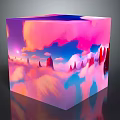 Colorful Cartoon Scene Cube With Pink Blue Clouds And Red Spire Landscapes