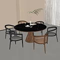 Modern Round Dining Table Set With Black Marble Top Wooden Legs And Rattan Chairs