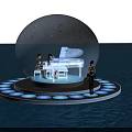 Game Movie Character Transparent Sphere With White Piano And Black Person On Dark Water Platform