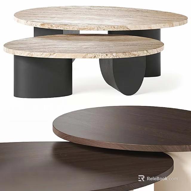 Modern Round Coffee Tables With Marble And Wooden Tops And Black Cylindrical Bases 3d model 