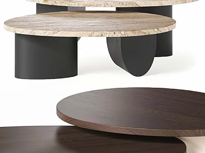 Modern Round Coffee Tables With Marble And Wooden Tops And Black Cylindrical Bases 3d model