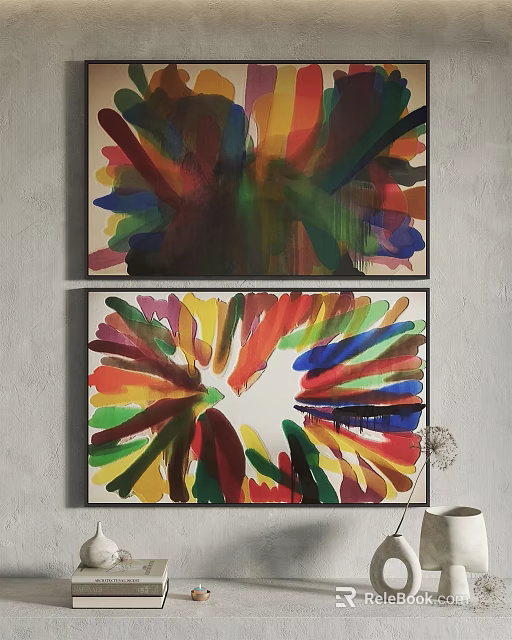 Colorful Abstract Paintings With Vibrant Hues Hanging On Wall Art 3d model 