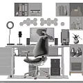 Stylish Modern Office Desk With Ergonomic Chair Computer Monitor Lamp Bookshelves And Potted Plant
