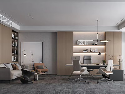 Modern Office Interior Design With Workstations Sofa Seating Bookshelves And Hanging Lights 3d model