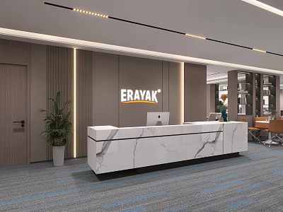 Stylish Modern Marble Office Reception Desk With Brand Logo Wall And Elegant Business Interior Design 3d model
