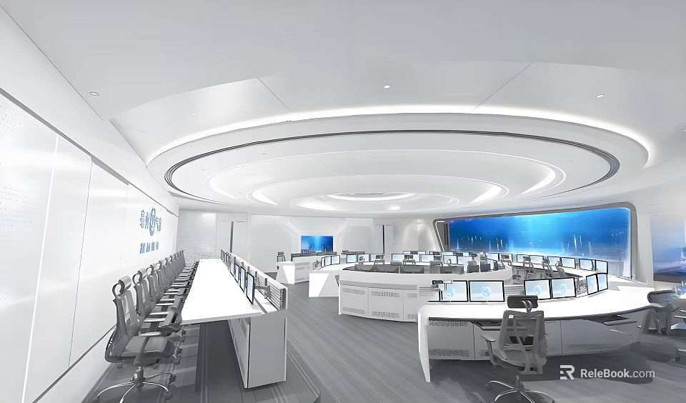 Modern Control Room Interior Design With Multiple Monitors Control Consoles And Office Chairs 3d model 