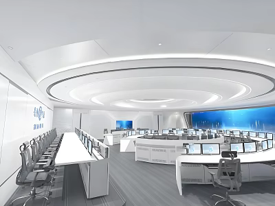 Modern Control Room Interior Design With Multiple Monitors Control Consoles And Office Chairs 3d model