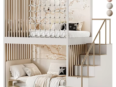 Stylish Kids Bunk Bed with Stairs Gold Railings Safety Net and Floral Wallpaper 3d model