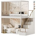 Stylish Kids Bunk Bed with Stairs Gold Railings Safety Net and Floral Wallpaper