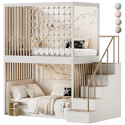 Stylish Kids Bunk Bed with Stairs Gold Railings Safety Net and Floral Wallpaper 3d model