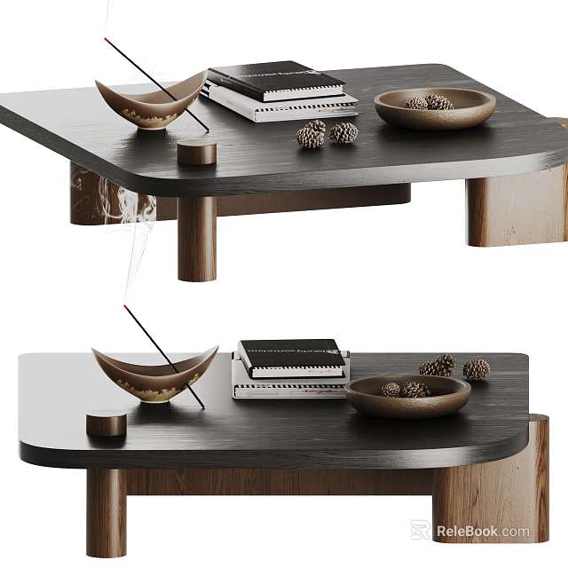 Minimalist Coffee Table With Dark Wood Top Books Pine Cones And Decorative Bowl 3d model 