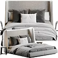 Modern Double Bed With Gray Upholstered Headboard White Gray Pillows And Side Stools 3d model