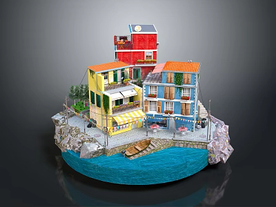 Colorful Multi Story Buildings By Water With Balconies Awnings And Small Boat 3d model