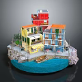 Colorful Multi Story Buildings By Water With Balconies Awnings And Small Boat