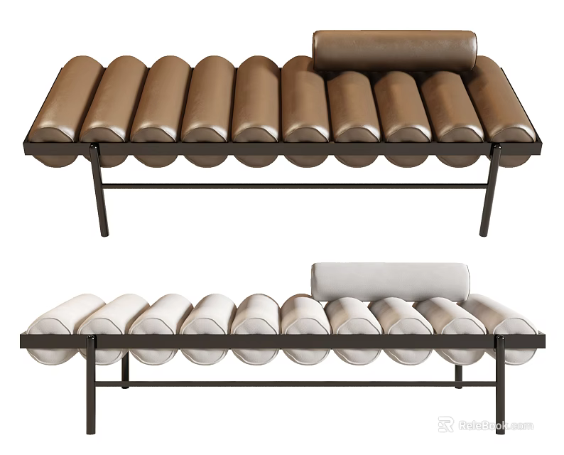 Modern Chaise Lounge Design with Brown and White Cylindrical Cushions and Metal Frame Structure 3d model 