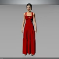 Portrait Of Elegant Woman In Red Long Dress Standing Against Gray Background