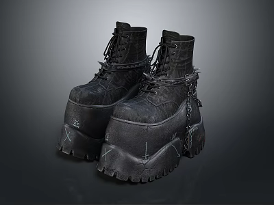 Stylish Black Leather Platform Boots With Chain Details And Unique Sole Design 3d model