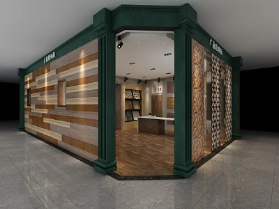 Modern Store Exterior Design with Wooden Decor Display Cabinets Shelves and Entrance 3d model