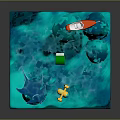 Underwater Scene Structure With Green Roof House Red Boat Manta Rays Purple Fish And Rocks