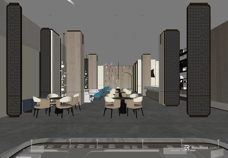 Modern Lounge Area Interior Design With Tables Chairs And Decorative Columns 3d model 