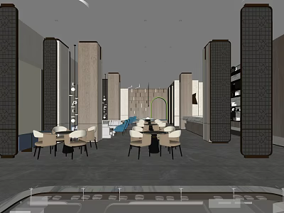 Modern Lounge Area Interior Design With Tables Chairs And Decorative Columns 3d model