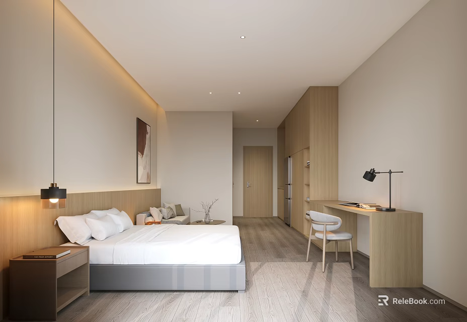 Modern Bedroom Interior With Wooden Furniture And Study Desk Setup 3d model 
