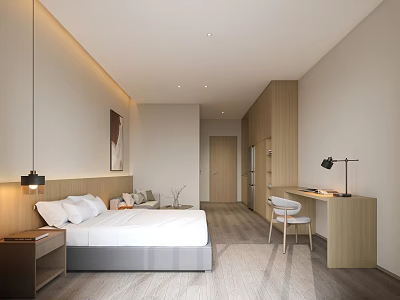 Modern Bedroom Interior With Wooden Furniture And Study Desk Setup 3d model