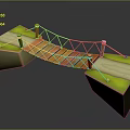 3D Suspension Bridge Structure With Orange Wooden Planks White Piers And Green Grass