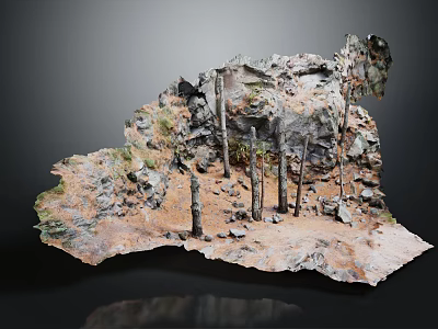 Natural Wooden Stone Terrain Model With Posts Rocks And Mossy Ground Elements 3d model