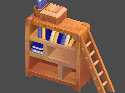 Wooden Bookshelf With Ladder And Colorful Books On Multiple Shelves 3d model