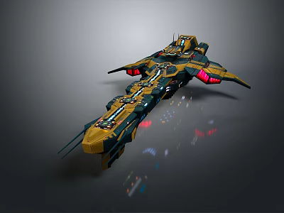 Futuristic Streamlined Sci Fi Spaceship With Yellow Green Hull And Red Thrusters 3d model