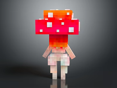 Pixel Style Game Character Standing With Red Mushroom Head White Spots And Light Colored Body 3d model