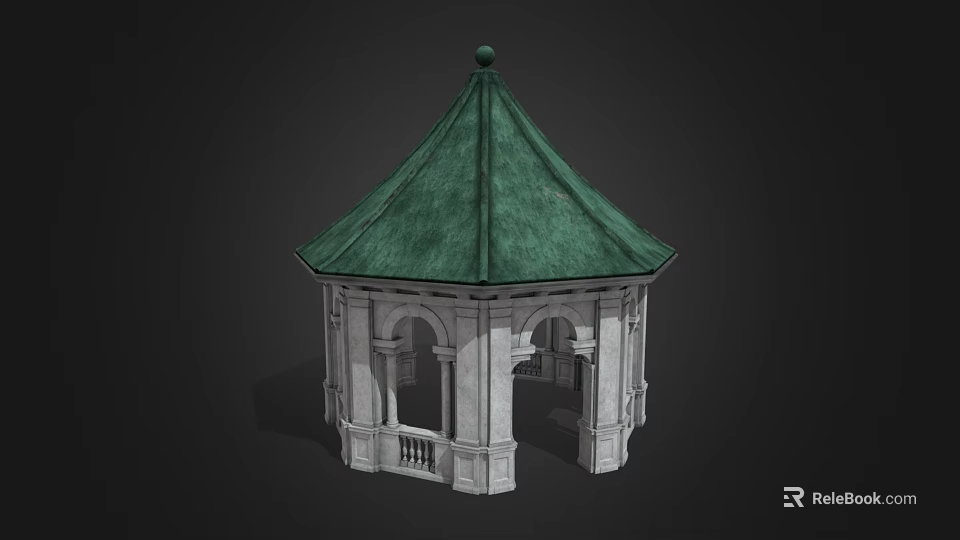 Octagonal White Stone Gazebo With Green Roof And Arched Openings 3d model 