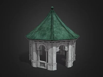 Octagonal White Stone Gazebo With Green Roof And Arched Openings 3d model