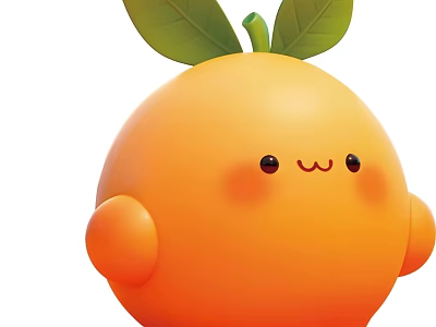 Cute Cartoon Orange Character With Smiling Face Blush Cheeks And Green Leaves 3d model