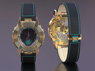 Luxury Mechanical Watch With Gold Case Black Strap Green Accents And Exposed Movement 3d model