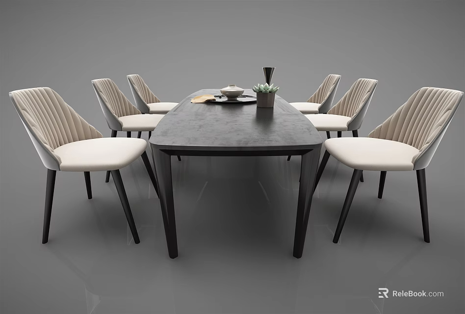 Modern Dining Table Set With Six Striped Upholstered Chairs And Decorative Tabletop Items 3d model