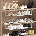 Shoes on Wooden Shoe Rack Neatly Arranged with Multiple Layers Including High Heels Flats Slippers