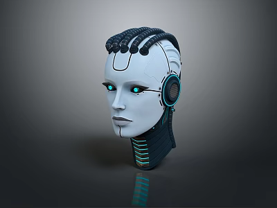 Robot Character With Cybernetic Head Glowing Blue Eyes Mechanical Components And White Metallic Surface 3d model
