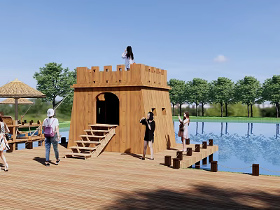 Wooden Castle Style Garden Feature With Wooden Deck Pond And Trees Around People Enjoying 3d model