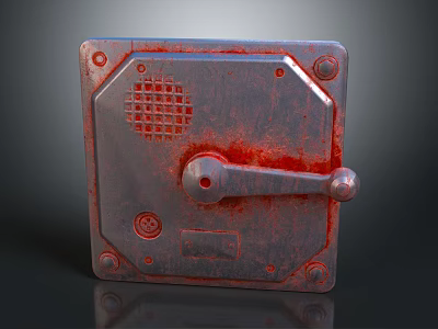 Old Rusty Red Metal Control Panel With Handle Grid And Screws 3d model