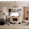 Modern Living Room Interior With Black Sofa Chandelier Framed Artworks Fireplace Beige Walls And Plants