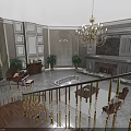 Luxurious Hall Interior With Chandelier Double Staircase Sofa Armchairs And Marble Floor