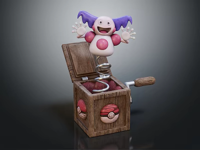 Plush Doll Purple Ears Pink Body Smiling Face Popping From Wooden Box Crank Handle Spring 3d model