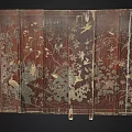 Antique Chinese Screen With Intricate Architectural Paintings And Gold Red Tones