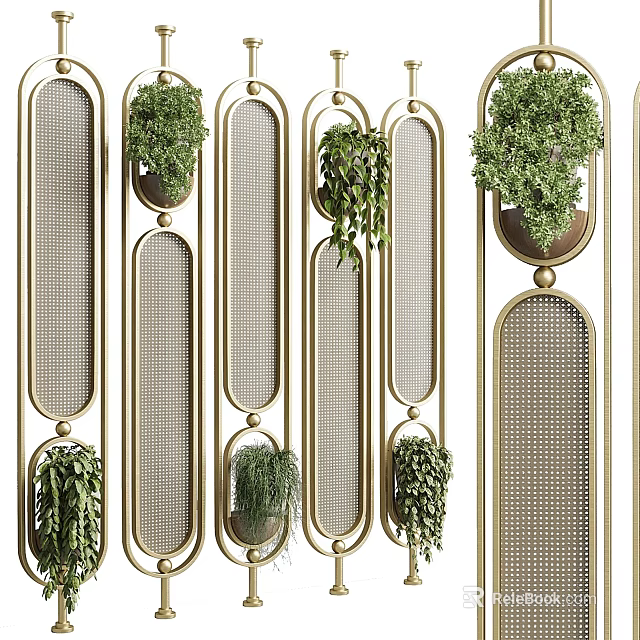 Modern Room Dividers With Golden Frame Mesh Design And Hanging Green Plants 3d model 