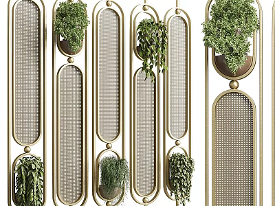 Modern Room Dividers With Golden Frame Mesh Design And Hanging Green Plants 3d model