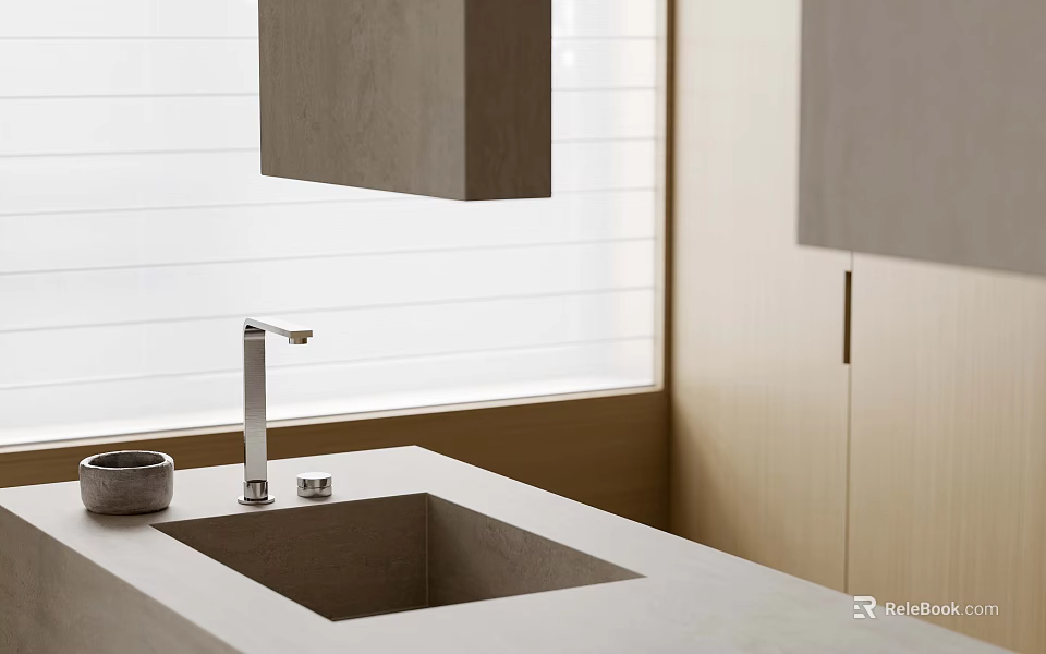 Modern Kitchen Interior With Sleek Sink Countertop Chrome Faucet And Wooden Cabinets 3d model 